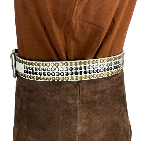 OFF WHITE FAUX LEATHER STUDDED MULTI METAL BRASS SILVER BELT BOHO PUNK RETRO - Picture 3 of 11